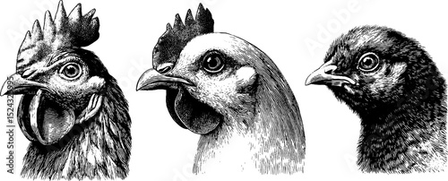 Engraved illustrations of hen and rooster heads for farm-themed designs
