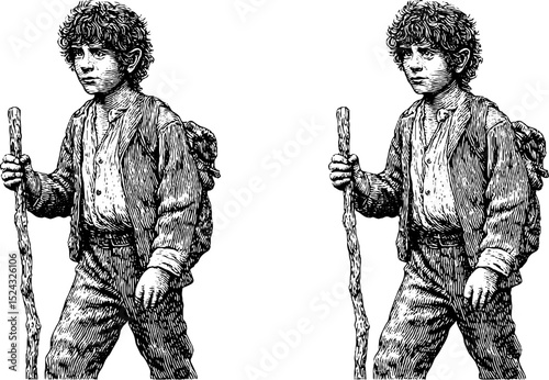 Engraved illustration set of hobbit characters with curly hair for fantasy design