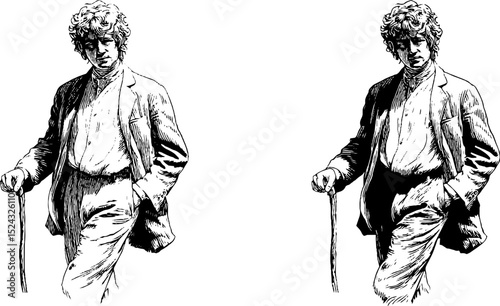 Engraved illustration of character with curly hair and walking stick