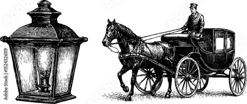 Vintage horse carriage and lantern engraving for historical prints and design