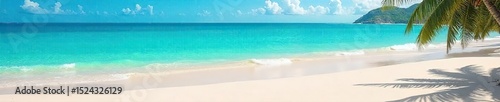 Serene coastal scene featuring soft, pale sand meeting tranquil turquoise water under a bright, clear sky Perfect for travel, vacation, or summer themes , sky, beach