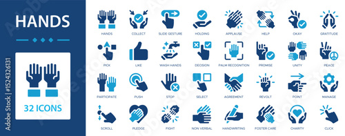 Hands flat icons collection. Pick, like, select, click, slide, push, fight, decision, okay, unity, peace, agreement, gesture sign set.
