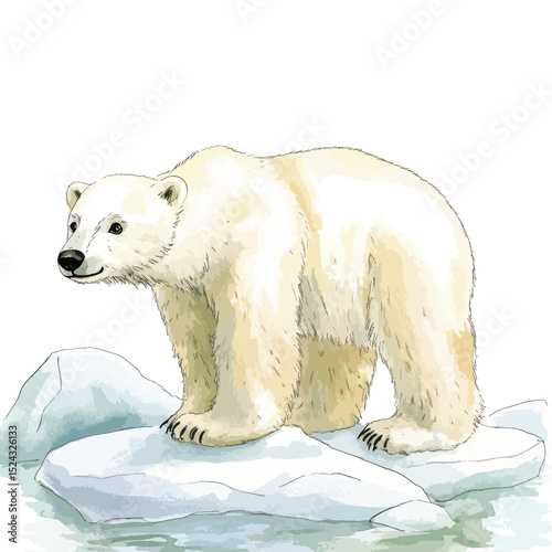 Watercolor Illustration of a Polar Bear Standing on an Ice Floe