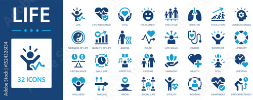 Life flat icons collection. Harmony, existence, vital, pulse, life cycle, routine, vitality, grow sign set.