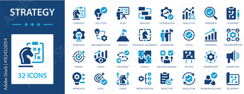 Strategy flat icons collection. Plan, goal, objective, mission, tactics, execution, puzzle, chess, solution, target, roadmap, process sign set.