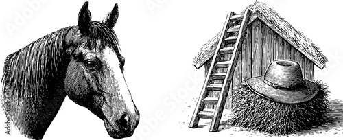 Engraved farm collection: horse and farmer's hat rustic theme for vintage design