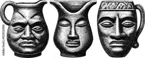 Intricate engraved pitchers featuring human faces for design and decoration