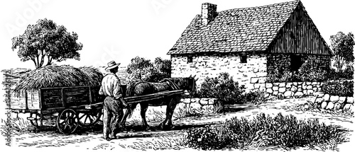 Vintage rural scene with horse-drawn cart and rustic cottage illustration
