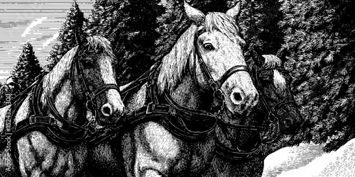 Vintage engraved illustration of ice wagon and horses in a winter forest scene