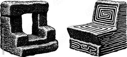 Intricate inca sun stone and terrace engravings for cultural art and design