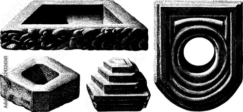 Engraved illustrations of inca sun stone terraces