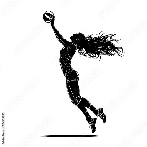 silhouette of a woman jumping to catch a ball ball, basketball player, girl, jump, silhouette, woman , Generative art.