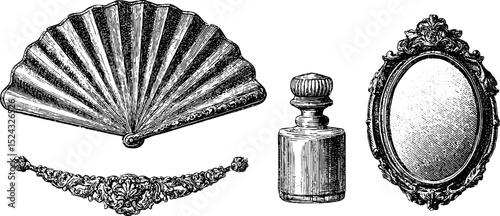 Vintage collection of engraved ivory fan, cameo brooch, perfume bottle, and ornate mirror