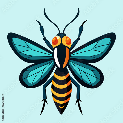 Cartoon Wasp Illustration, Blue Wings, Yellow Stripes