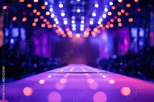 A runway bathed in vibrant purple and blue lighting, with blurred out-of-focus audience and overhead lights