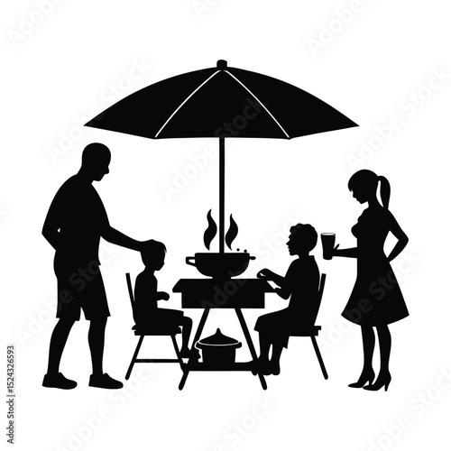 Silhouette of a family picnic with barbecue grill table and umbrella on a white background