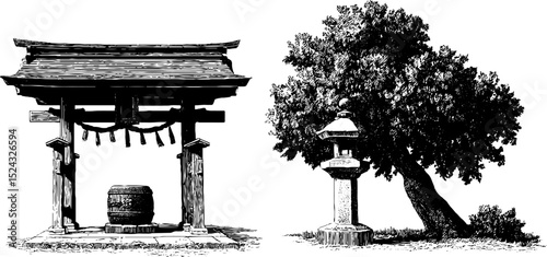 Intricate engraved illustrations of japanese shinto shrines and traditional lantern