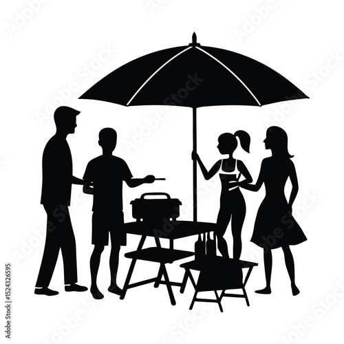 Silhouette of a family picnic with barbecue grill table and umbrella on a white background