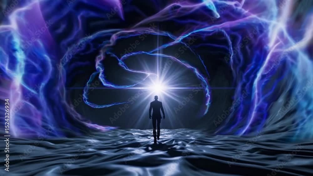 Silhouette of a man walking toward glowing portal surrounded by swirling light energy. Sci-fi environment in deep space tones. Concept of future, technology and unknown