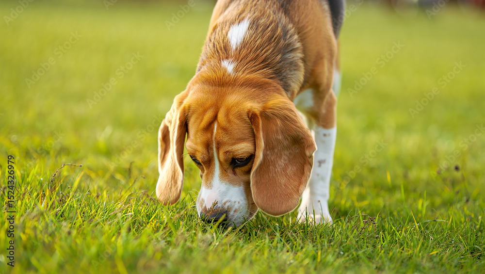 AI Generated image of Beagle dog sniffing the green grass in a field on a sunny day outdoors AI Generated image of Beagle dog sniffing the green grass in a field on a sunny day outdoors