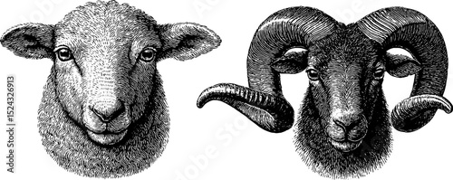 Intricate engraved illustrations of lamb and ewe heads for artistic use