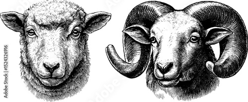 Vintage engraved illustration of lamb and ewe heads for print and design