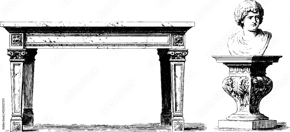 Fototapeta premium Vintage marble writing desk and bust illustration for antique design inspiration