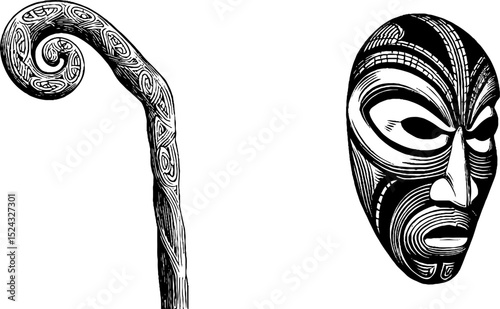 Intricate maori artifacts - carved walking stick and mask engraving for cultural design