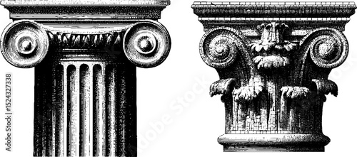 Classic architecture marble column bases engraving set for historical design and decor