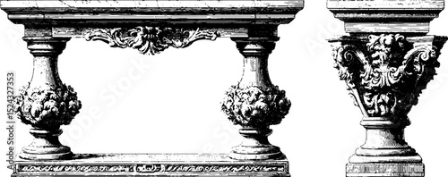Engraved illustration of elegant marble console table design elements