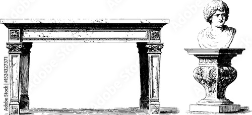 Vintage marble writing desk and bust illustration for antique design inspiration