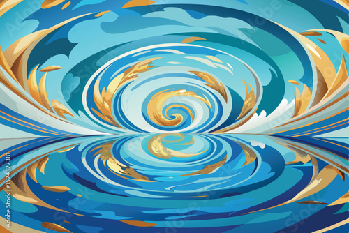 Abstract blue background with golden swirls and waves. Vector illustration.