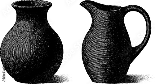 Vintage engraved illustration of matte black carafe set for artistic decor or design