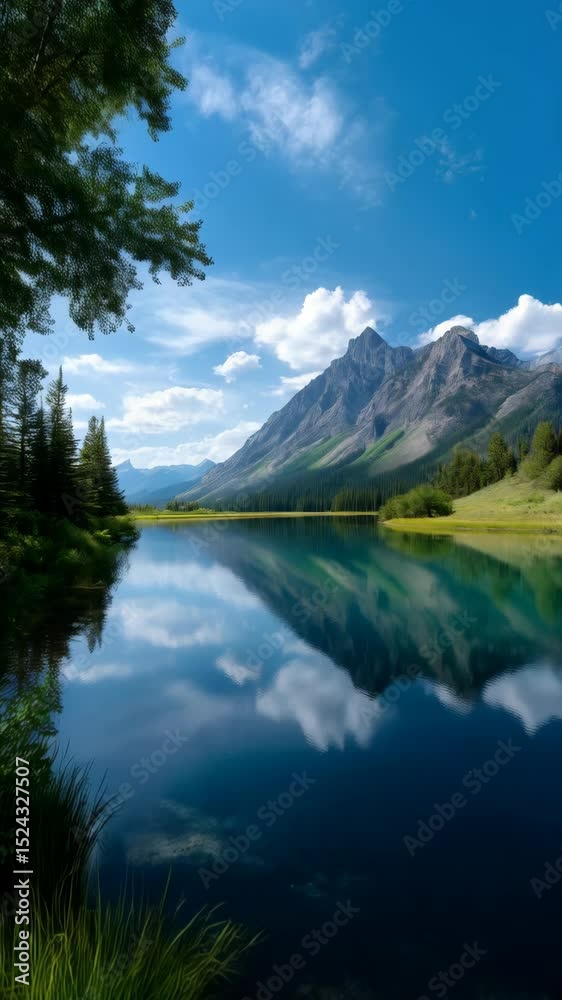 Scenic mountain landscape with mirrored lake surface reflecting clouds and peaks, serene environment with verdant trees, sunny day, and pure sky Scenic mountain landscape with mirrored lake surface reflecting clouds and peaks, serene environment with verdant trees, sunny day, and pure sky