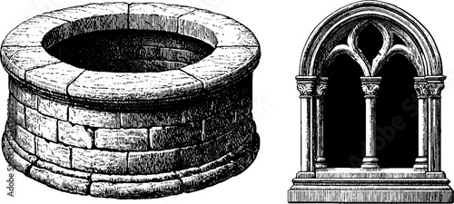 Medieval stone architecture set featuring engraved well and gothic arched window design