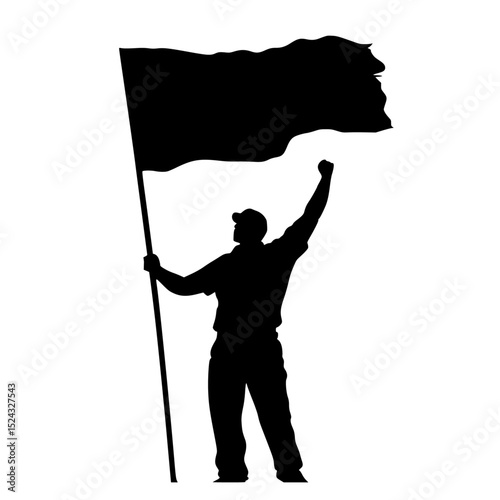 a black silhouette of a man holding a flag in his hand black, flag, hand, hold, man, silhouette, stand, wave , Generative art.