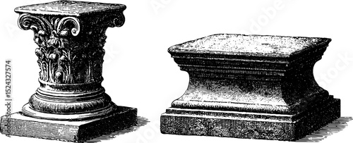 Historical engraving of ornate merchants weight slab - vintage design for decoration and study
