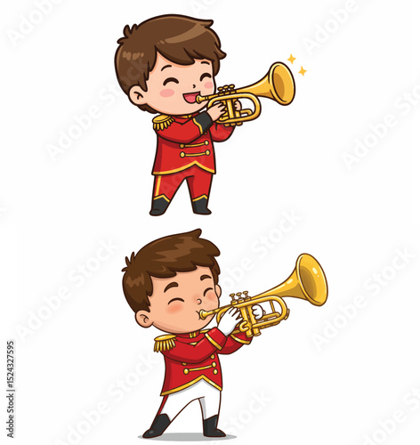 Cute Cartoon Boy Playing Trumpet in Marching Band Uniform