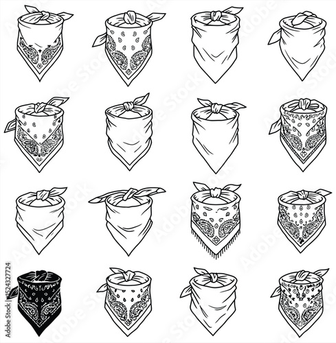 Vector collection of classic bandana designs with diverse outlines and paisley patterns. Ideal for streetwear, western, fashion, and accessory projects.