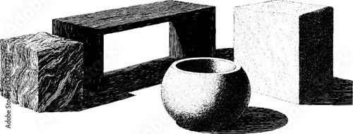 Modern granite sculptures: engraved illustration set featuring unique stone designs