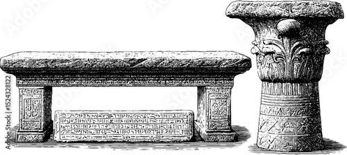 Engraved ancient stone bench and column illustration for historical and educational design