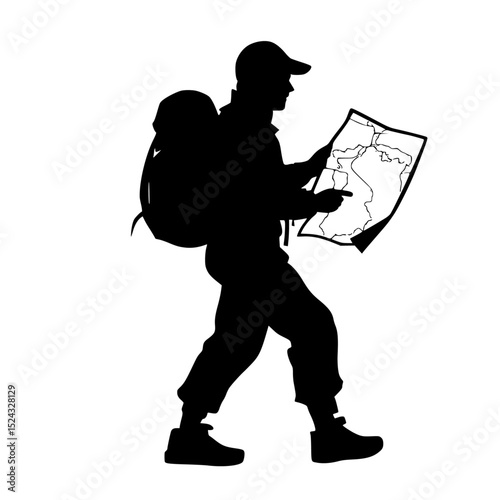 black and white silhouette of a hiker with a backpack walking and looking at a map backpack, black, hiker, man, map, silhouette, tourist, traveler, walk , Generative art.