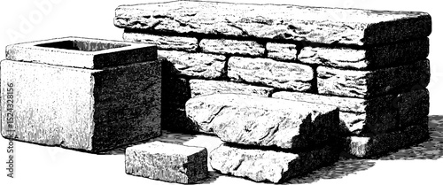 Engraved illustration of stone structures and market stall elements for vintage design