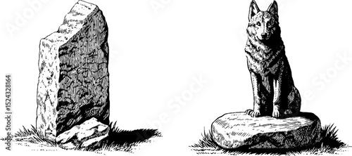 Ancient norse burial slab and wolf sculpture engraved illustration set for historical design