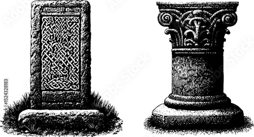 Engraved norse burial slab and decorative pillar - ancient nordic art for historical design