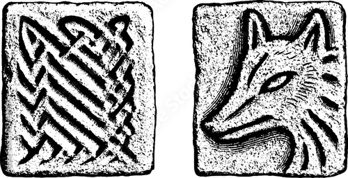 Intricate norse burial slab engravings featuring wolf and knotwork designs