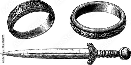Engraved norse jewelry and weapon set featuring runic rings and decorative dagger for historical design
