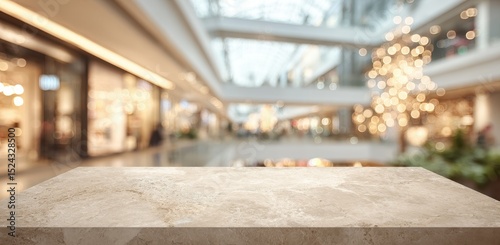 Light beige stone surface atop blurred modern shopping mall interior with festive lighting