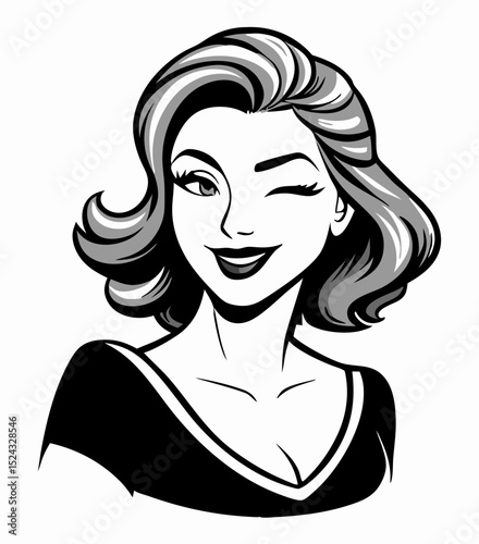 Retro Woman Winking, Black and White Pop Art Illustration