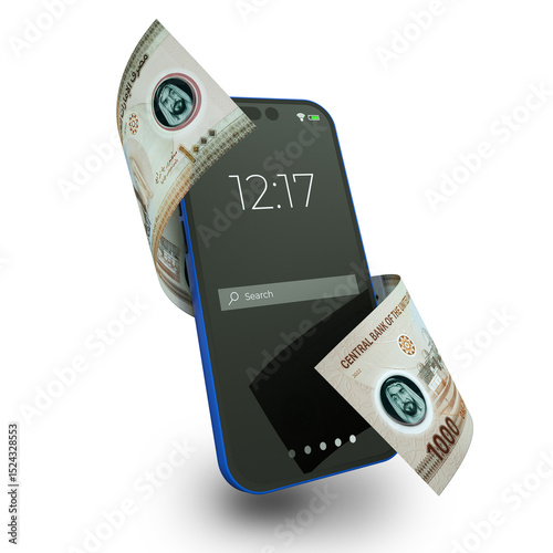 United Arab Emirates Dirham notes moving flying wrapped around mobile smart phone isolated on a transparent background. Online Mobile money wallet concept